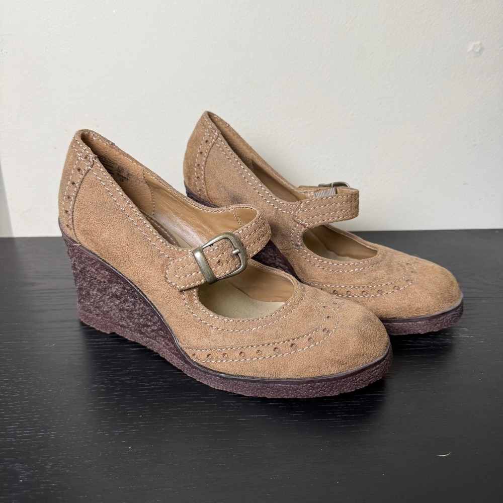 Lower East Side Tan Faux Suede Mary Jane Wedge Heels Wingtip Brogue Womens 7